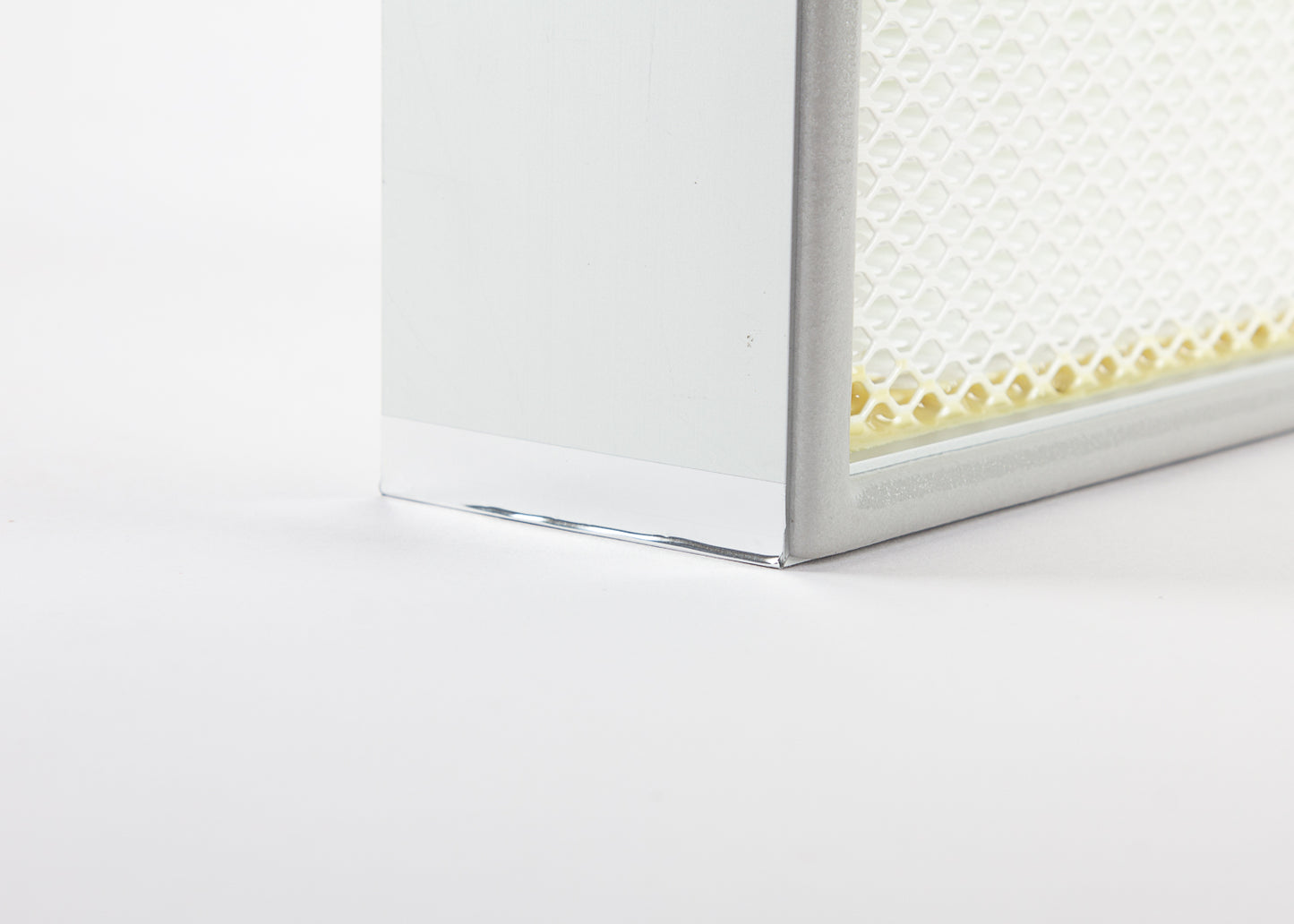 corner of metal framed high efficiency particulate air filter