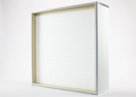 HEPA absolute filter with a metal frame, typically used in medical facilities and food production.