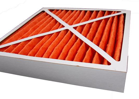 HVAC dust filter with orange filter media and cardboard frame