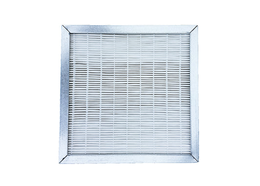 A pleated air filter panel with a galvanized metal frame.