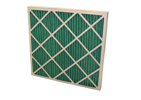 photo of our high efficiency green pleated panel designed to filter air entering spray booths or product preparation areas